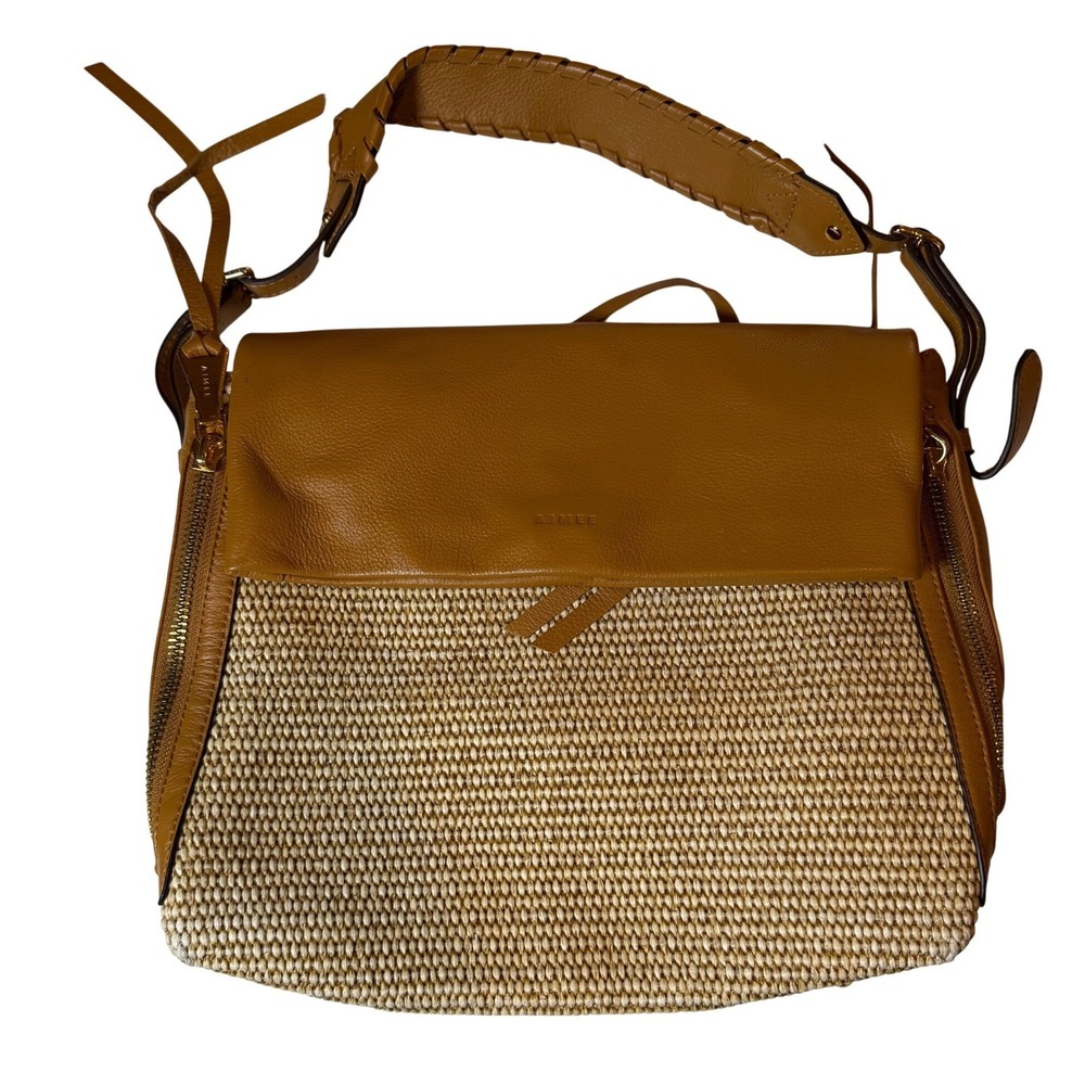 Aimee Kestenberg Bali Double Entry Leather Hobo Bag Raffia Latte Tan Brown OS